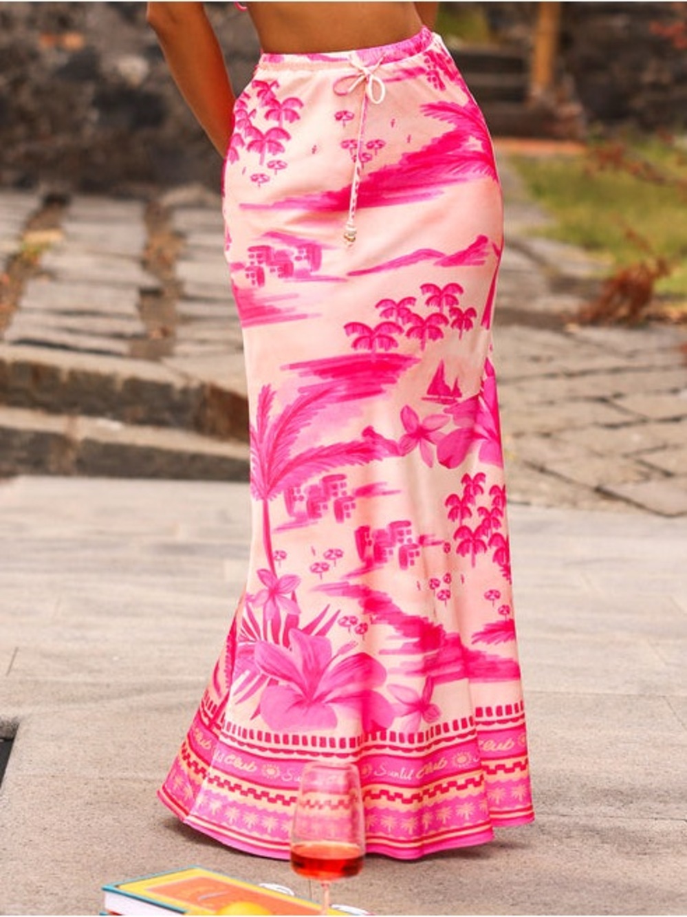Kulani Kinis Bias Drawstring Maxi Skirt Sippin Pretty Pink size Large NWT
